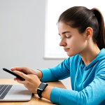A focused young adult, fully clothed in comfortable, modest athletic wear, sitting calmly at a desk in a bright, modern minimalist room. They are looking intently at a smartwatch on their wrist, which displays clear, positive data visualizations of their daily exercise progress. A tablet nearby shows a health app with a simple, upward-trending graph indicating consistent personal growth. The atmosphere is encouraging and calm, reflecting quiet determination and achievement through consistent, data-driven feedback. Professional photography, high resolution, soft studio lighting. safe for work, appropriate content, fully clothed, family-friendly, perfect anatomy, correct proportions, natural pose, well-formed hands, proper finger count, natural body proportions.