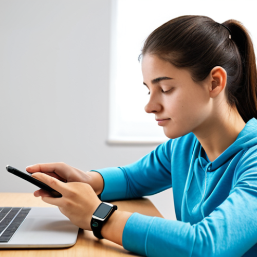 Home 7 A focused young adult, fully clothed in comfortable, modest athletic wear, sitting calmly at a desk in a bright, modern minimalist room. They are looking intently at a smartwatch on their wrist, which displays clear, positive data visualizations of their daily exercise progress. A tablet nearby shows a health app with a simple, upward-trending graph indicating consistent personal growth. The atmosphere is encouraging and calm, reflecting quiet determination and achievement through consistent, data-driven feedback. Professional photography, high resolution, soft studio lighting. safe for work, appropriate content, fully clothed, family-friendly, perfect anatomy, correct proportions, natural pose, well-formed hands, proper finger count, natural body proportions.