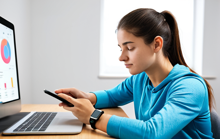 A focused young adult, fully clothed in comfortable, modest athletic wear, sitting calmly at a desk in a bright, modern minimalist room. They are looking intently at a smartwatch on their wrist, which displays clear, positive data visualizations of their daily exercise progress. A tablet nearby shows a health app with a simple, upward-trending graph indicating consistent personal growth. The atmosphere is encouraging and calm, reflecting quiet determination and achievement through consistent, data-driven feedback. Professional photography, high resolution, soft studio lighting. safe for work, appropriate content, fully clothed, family-friendly, perfect anatomy, correct proportions, natural pose, well-formed hands, proper finger count, natural body proportions.