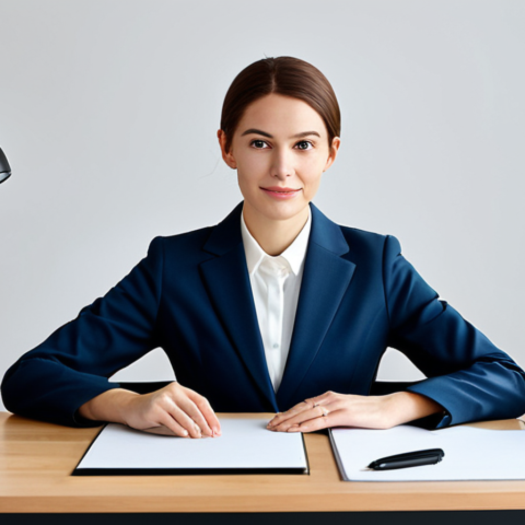 **
A professional woman in a modest, tailored business suit, sitting at a clean and organized desk in a bright, modern office. Fully clothed, appropriate attire. Safe for work. Perfect anatomy, natural proportions, well-formed hands. Natural pose, professional photography, high quality, family-friendly.
**