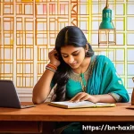 Home 20 습관 추적을 위한 데이터 시각화 기법 - A detailed scene showing a Bengali young adult woman sitting at a wooden desk with a smartphone and ...