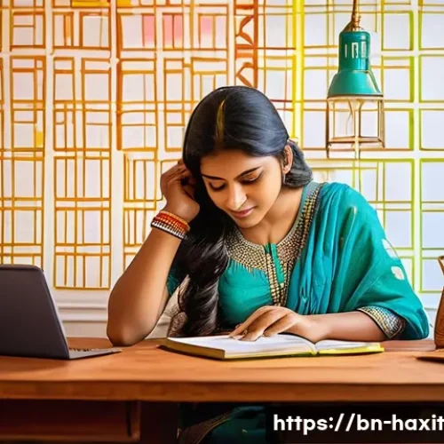 Home 32 습관 추적을 위한 데이터 시각화 기법 - A detailed scene showing a Bengali young adult woman sitting at a wooden desk with a smartphone and ...