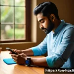 Home 19 디지털 vs 아날로그 습관 추적 시스템 - A modern Bengali person sitting at a wooden desk in a cozy room, using a sleek smartphone and a fitn...
