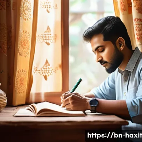 Home 30 나만의 습관 추적 시스템 만들기 - A cozy, sunlit home office scene with a Bengali man in his late 20s writing in a hand-written diary,...