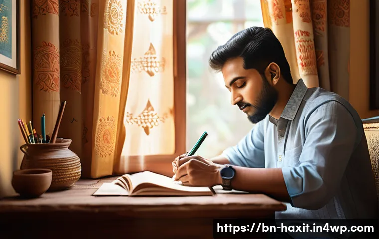 나만의 습관 추적 시스템 만들기 - A cozy, sunlit home office scene with a Bengali man in his late 20s writing in a hand-written diary,...