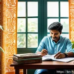 Home 23 매일의 습관을 관리하는 스마트 기기 사용법 - A modern Bengali person sitting at a desk in a bright, cozy home office, using a sleek smartphone an...
