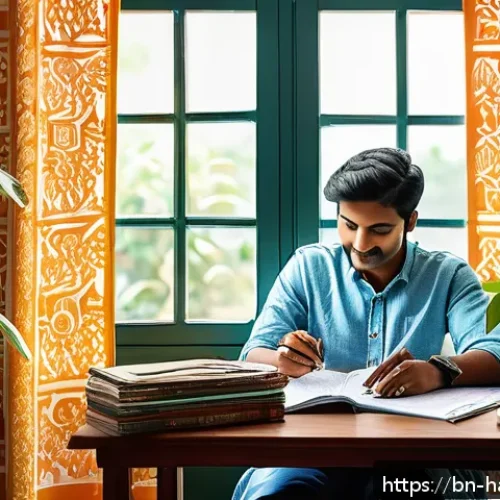 Home 17 매일의 습관을 관리하는 스마트 기기 사용법 - A modern Bengali person sitting at a desk in a bright, cozy home office, using a sleek smartphone an...