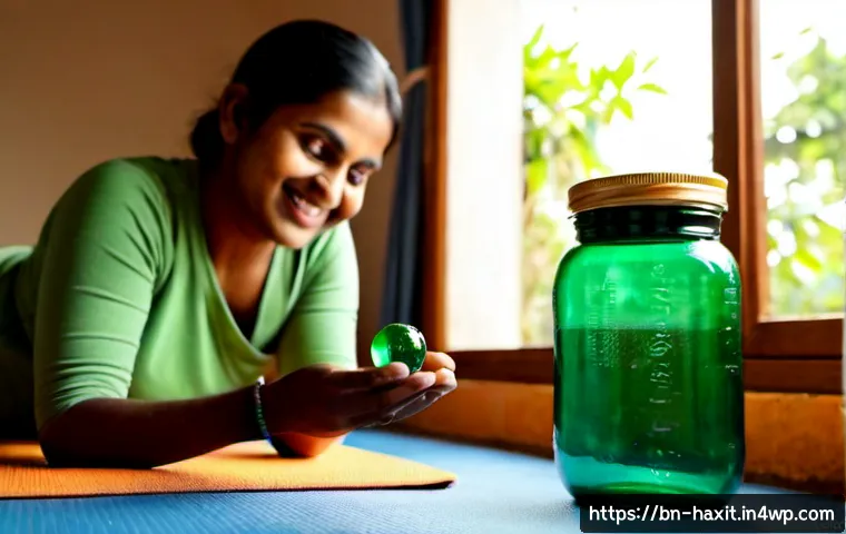 습관 형성을 위한 긍정적 피드백 시스템 - Photorealistic morning scene in a warm Bangladeshi home, an adult woman placing a bright green glass...